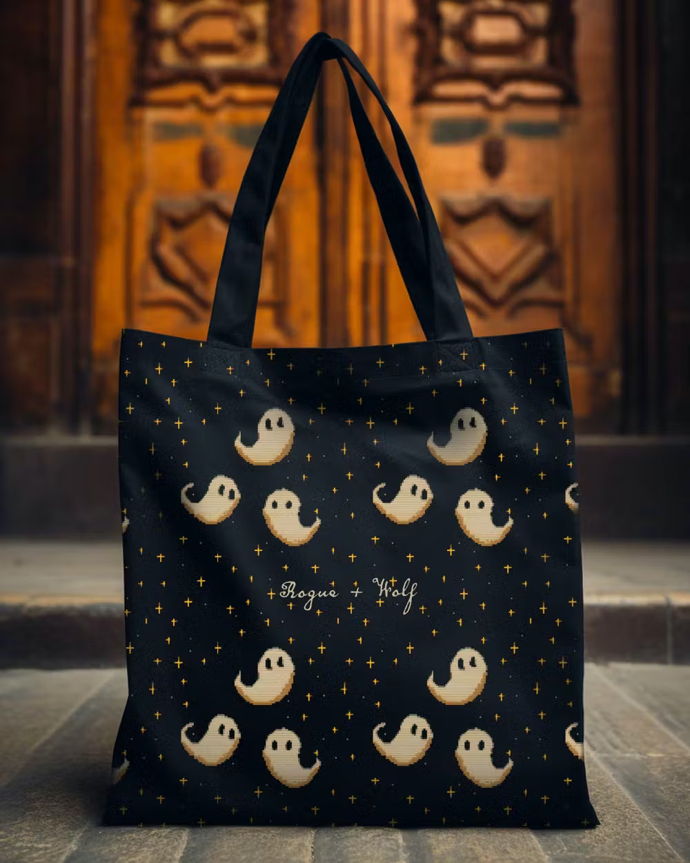 Spooky Soirée Vegan Tote for Women - Dark Academia Witchy Large Foldable Bag with cute Ghosts for Uni Work Shopping Goth Gifts