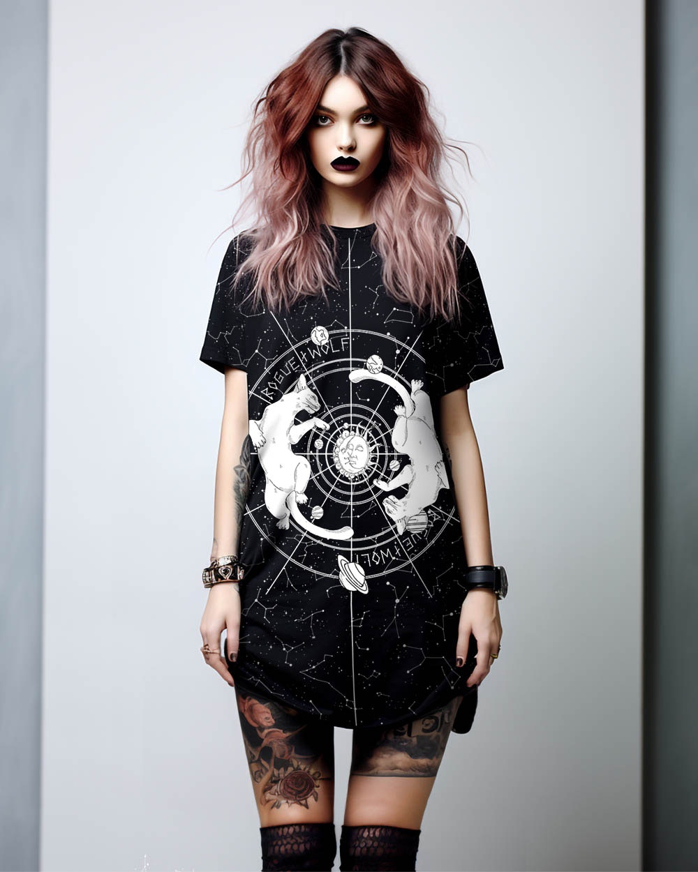 Purr Nebula Tee Dress - Vegan Oversized T-shirt Witchy Alt Style Occult Grunge Aesthetic Unisex Goth Black Dress