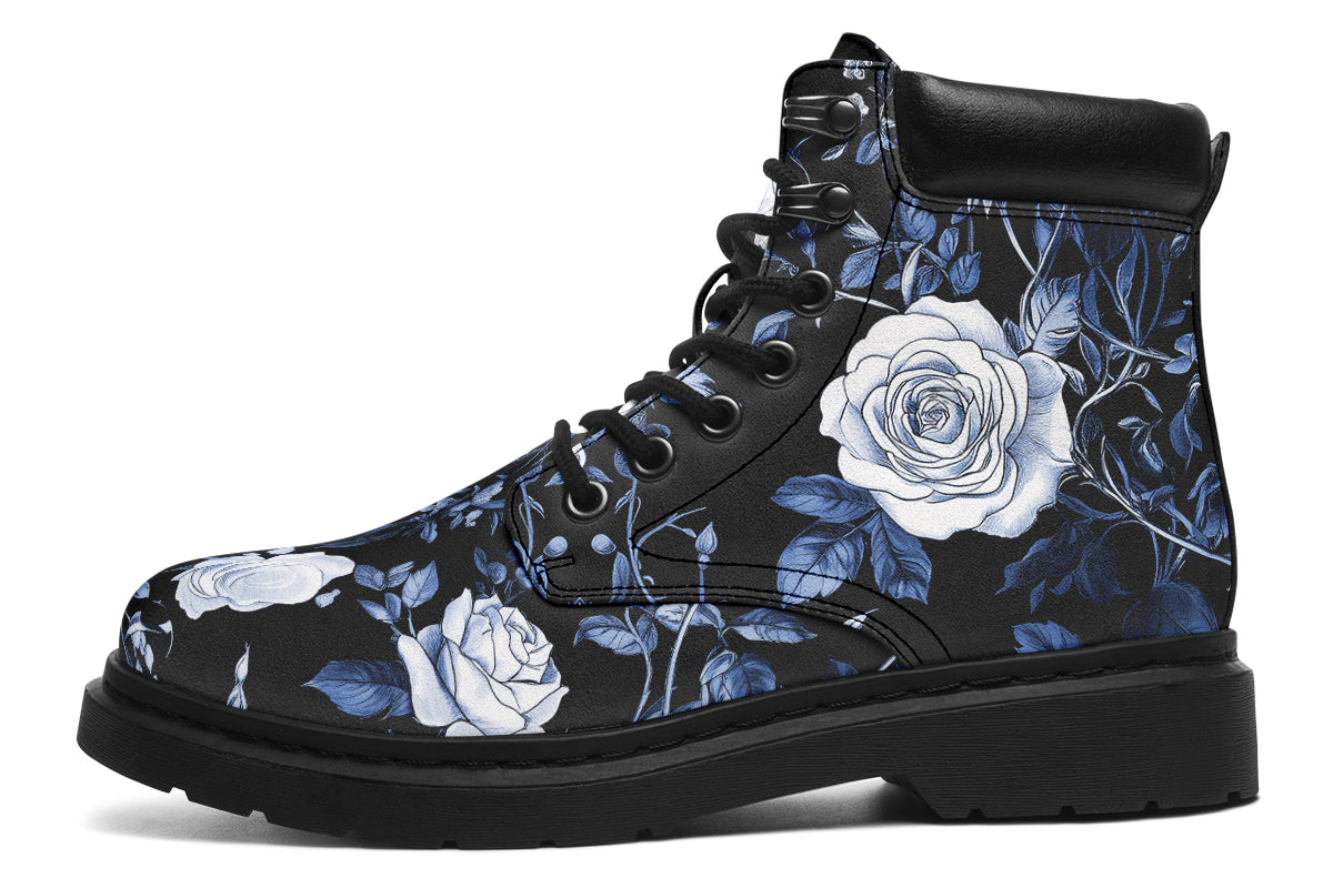 Blue Rose Floral Print Men's Boots