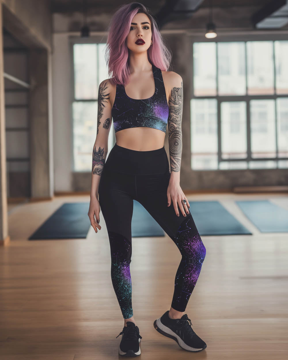 Aurora Longline Sports Bra - High Support Non-see-through Vegan Bra, Mesh Lined Goth Activewear with removable Padding & UPF 50+