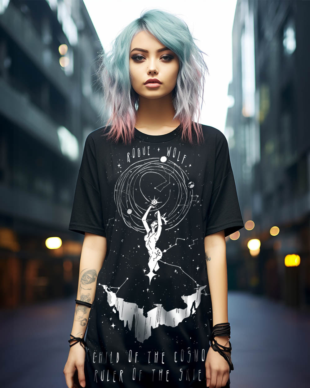 Child of the Cosmos Tee Dress - Vegan Oversized T-shirt Witchy Alt Style Cute Unisex Goth Black Dress Occult Fashion