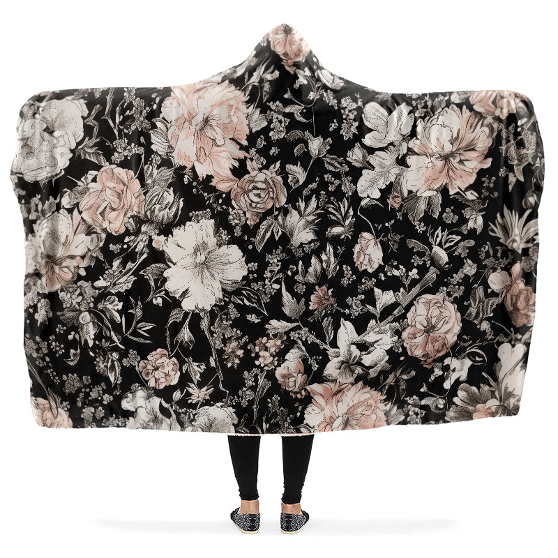 Floral Noir Hooded Blanket, Black with Multicolored Floral Print hotsell (One-Sided Print)