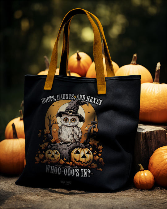 Hoots Haunts and Hexes Tote Bag - Vegan Grunge Aesthetic Goth Accessories for Work Gym Travel Halloween Gift