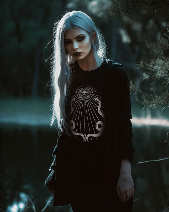 Serpent’s Gaze Long Sleeve Tee - Witchy Gothic Grunge Alt Goth Style Dark Academia Snake Graphic Tee Pagan