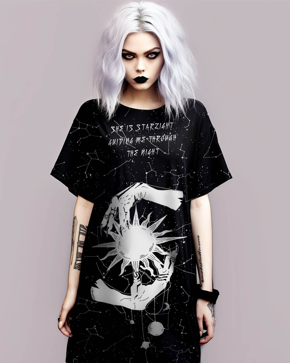 Starlight Tee Dress - Vegan Oversized T-shirt Witchy Alt Style Occult Grunge Aesthetic Unisex Goth Black Dress