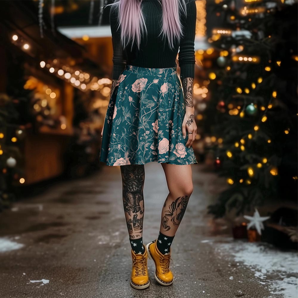 Teal Rose Romance Skater Skirt