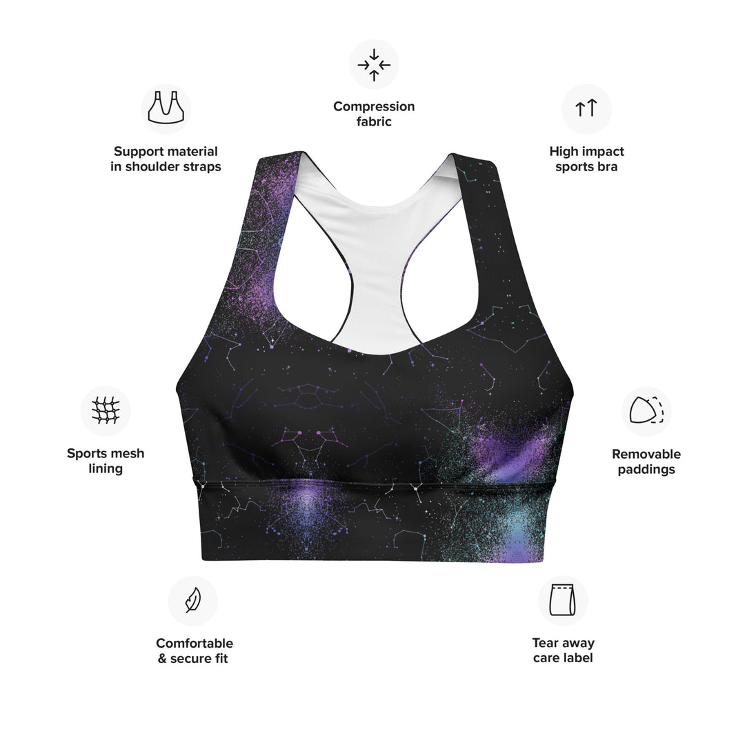 Aurora Longline Sports Bra - High Support Non-see-through Vegan Bra, Mesh Lined Goth Activewear with removable Padding & UPF 50+