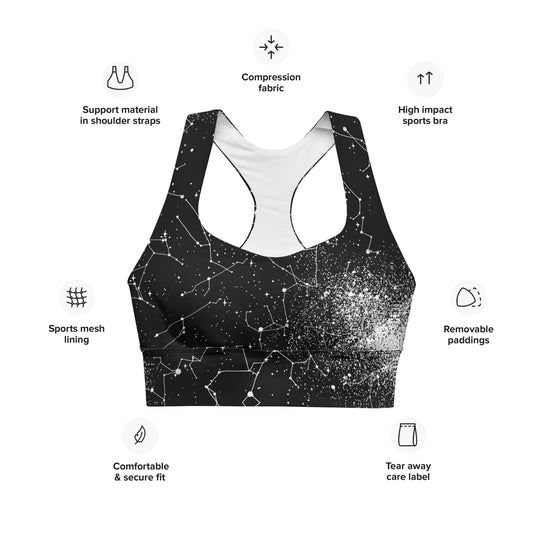 Constellation Longline Sports Bra - High Support Non-see-through Vegan Bra with Removable Padding, Goth Activewear for Gym & Yoga with UPF 50+