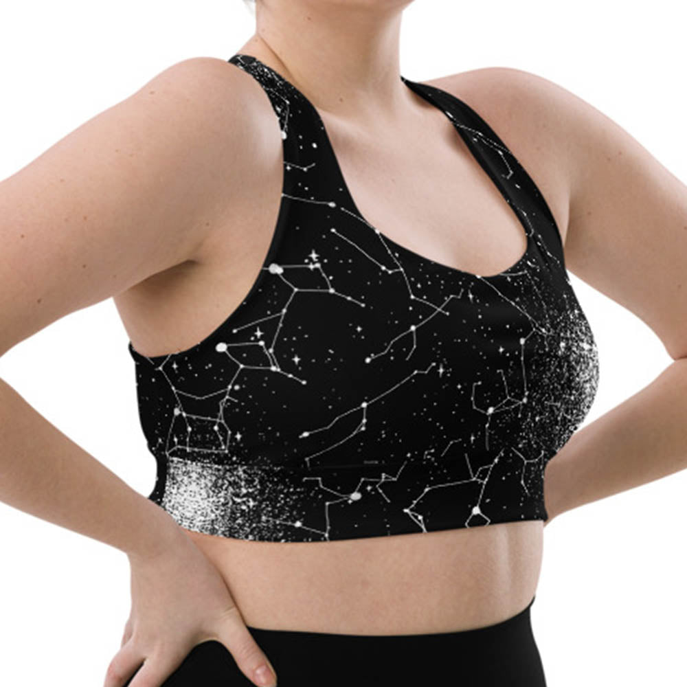 Constellation Longline Sports Bra - High Support Non-see-through Vegan Bra with Removable Padding, Goth Activewear for Gym & Yoga with UPF 50+