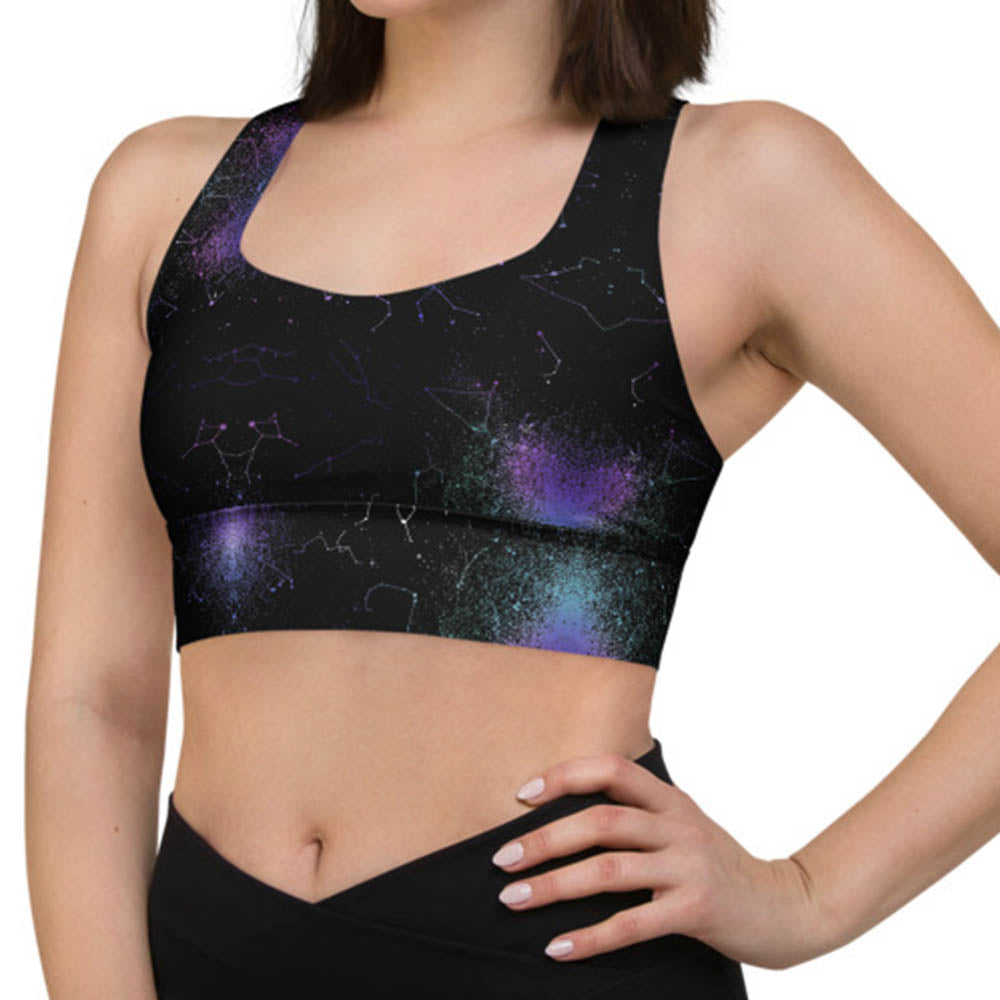 Aurora Longline Sports Bra - High Support Non-see-through Vegan Bra, Mesh Lined Goth Activewear with removable Padding & UPF 50+