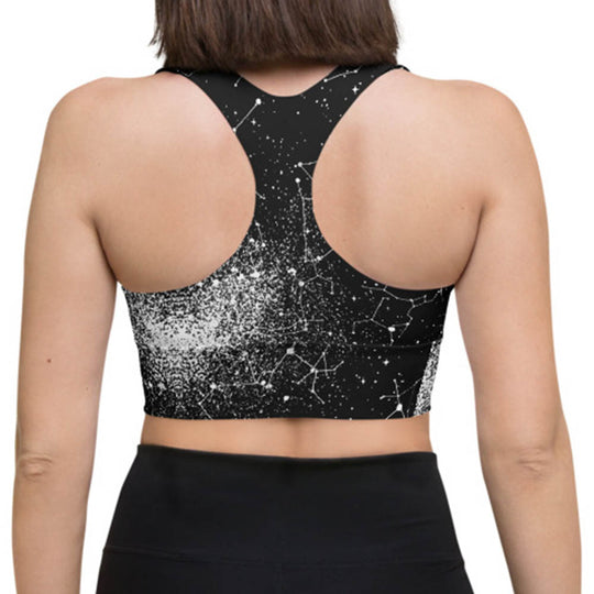 Constellation Longline Sports Bra - High Support Non-see-through Vegan Bra with Removable Padding, Goth Activewear for Gym & Yoga with UPF 50+