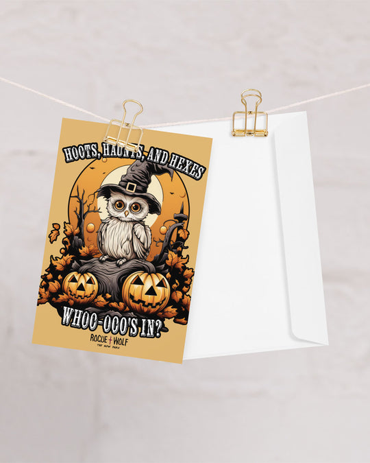 Hoots, Haunts, and Hexes Greeting Card