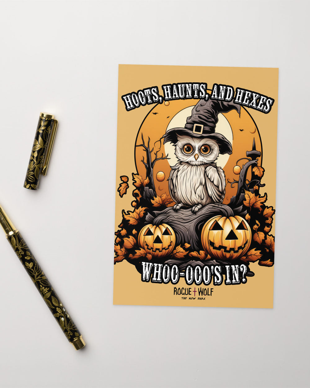 Hoots, Haunts, and Hexes Greeting Card