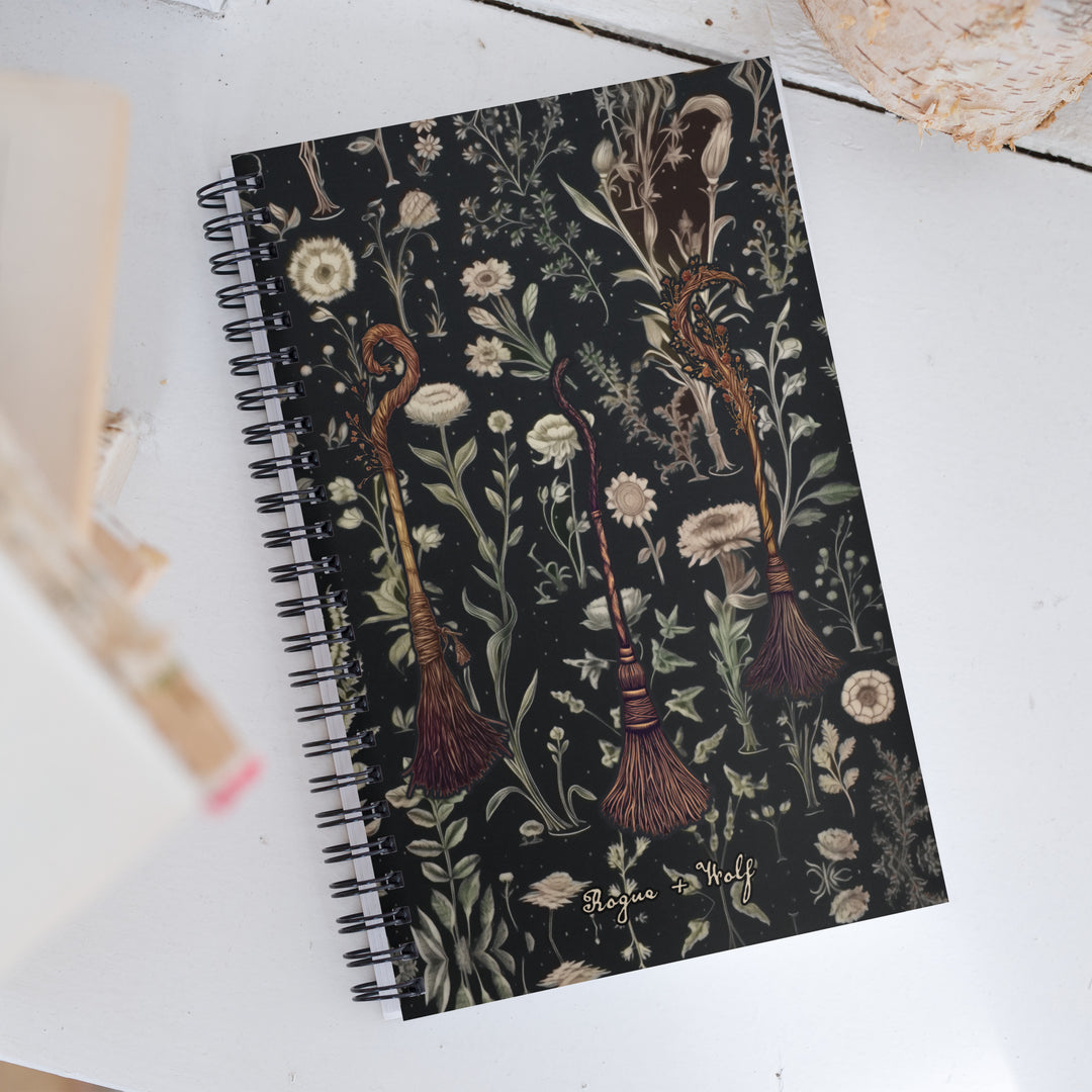 Witches' Broomsticks Spiral Notebook - Botanical Witchy Journal Uni & College Dark Academia Essentials - Gothic Stationery