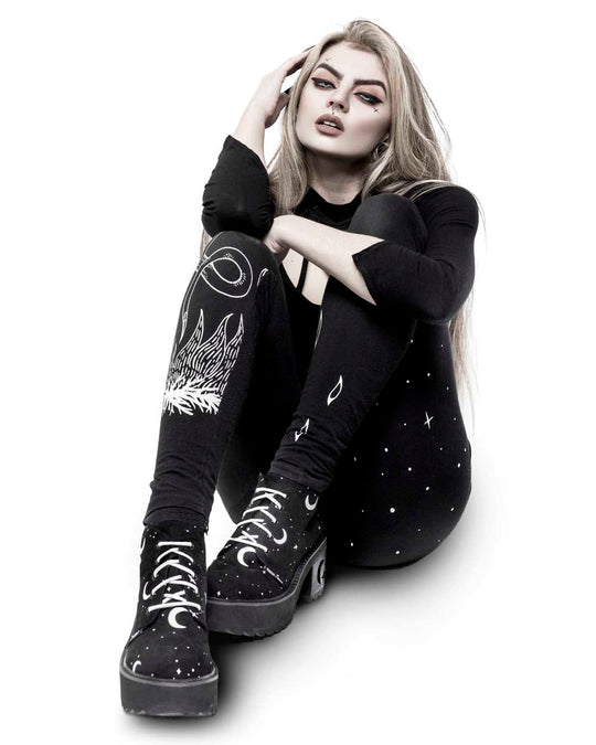 MoonDust Boots - Luxurious Quality Vegan Suede Goth Shoes with Moons & Stars, Witchy Alt Style, Occult Grunge Aesthetic, Soft Memory foam inner panels