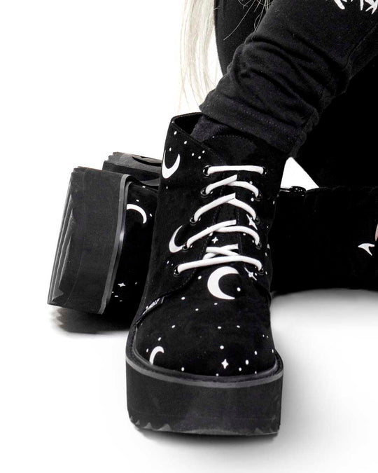 MoonDust Boots - Luxurious Quality Vegan Suede Goth Shoes with Moons & Stars, Witchy Alt Style, Occult Grunge Aesthetic, Soft Memory foam inner panels