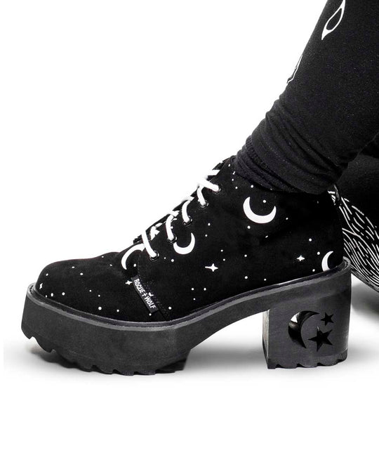 MoonDust Boots - Luxurious Quality Vegan Suede Goth Shoes with Moons & Stars, Witchy Alt Style, Occult Grunge Aesthetic, Soft Memory foam inner panels