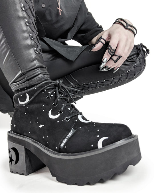 MoonDust Boots - Luxurious Quality Vegan Suede Goth Shoes with Moons & Stars, Witchy Alt Style, Occult Grunge Aesthetic, Soft Memory foam inner panels