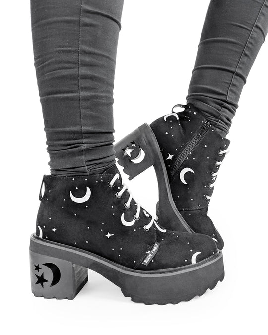MoonDust Boots - Luxurious Quality Vegan Suede Goth Shoes with Moons & Stars, Witchy Alt Style, Occult Grunge Aesthetic, Soft Memory foam inner panels