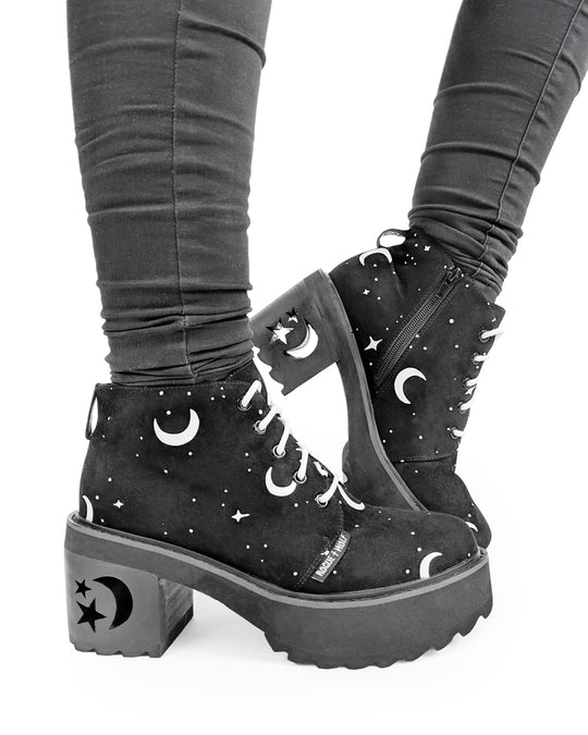 MoonDust Boots - Luxurious Quality Vegan Suede Goth Shoes with Moons & Stars, Witchy Alt Style, Occult Grunge Aesthetic, Soft Memory foam inner panels!