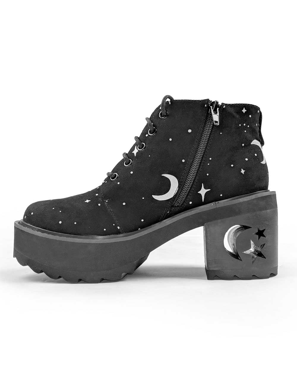 MoonDust Boots - Luxurious Quality Vegan Suede Goth Shoes with Moons & Stars, Witchy Alt Style, Occult Grunge Aesthetic, Soft Memory foam inner panels!