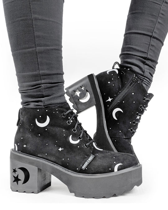 MoonDust Boots - Luxurious Quality Vegan Suede Goth Shoes with Moons & Stars, Witchy Alt Style, Occult Grunge Aesthetic, Soft Memory foam inner panels!