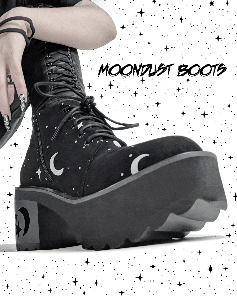 MoonDust Boots Luxurious Quality Vegan Suede Goth Shoes with Moons Stars Witchy Alt Style Occult Grunge Aesthetic Soft Memory foam inner