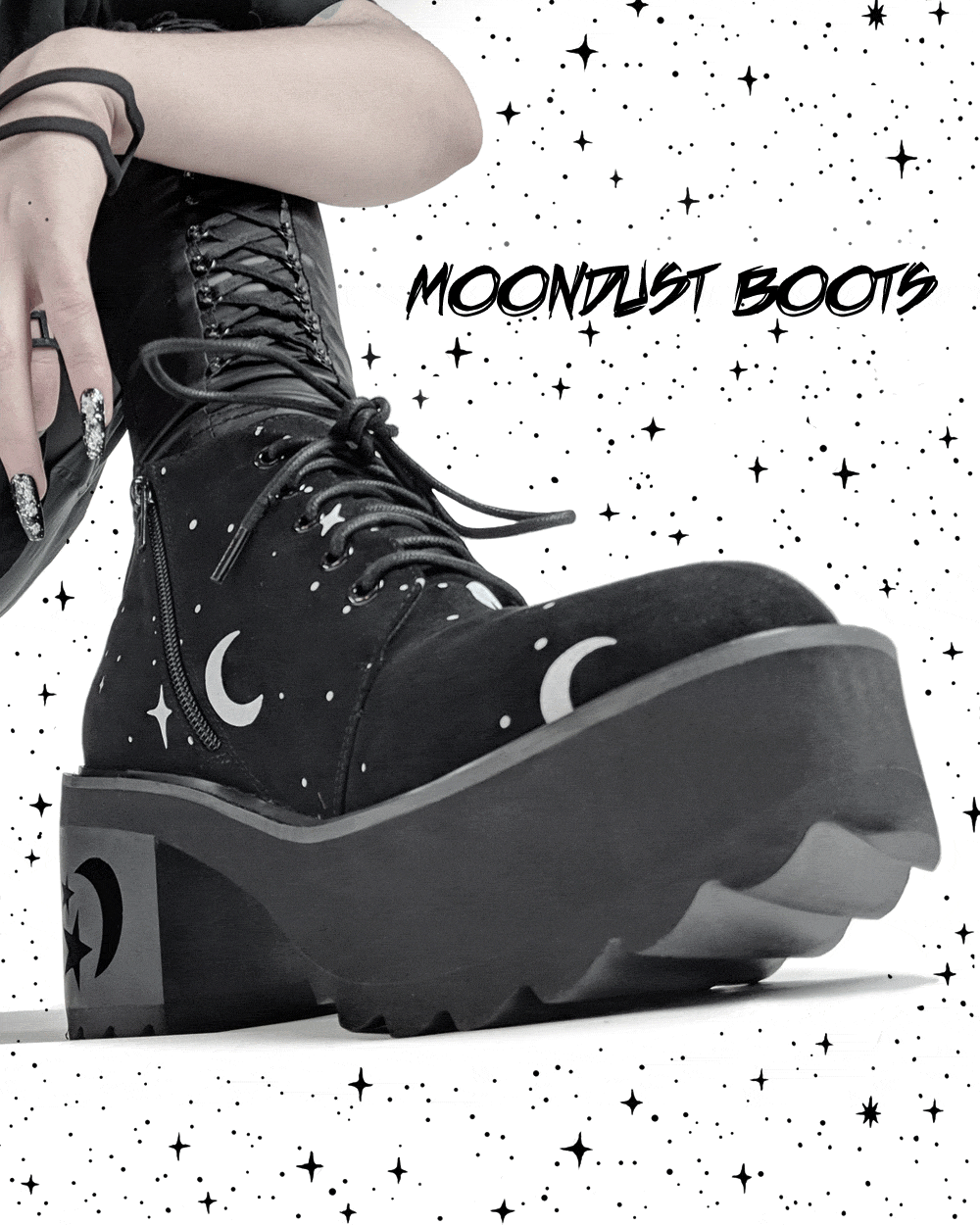 MoonDust Platform Heel Boots - Luxurious Quality Vegan Suede Goth Shoes with Moons & Stars, Witchy Alt Style, Occult Grunge Aesthetic, Soft Memory foam inner panels
