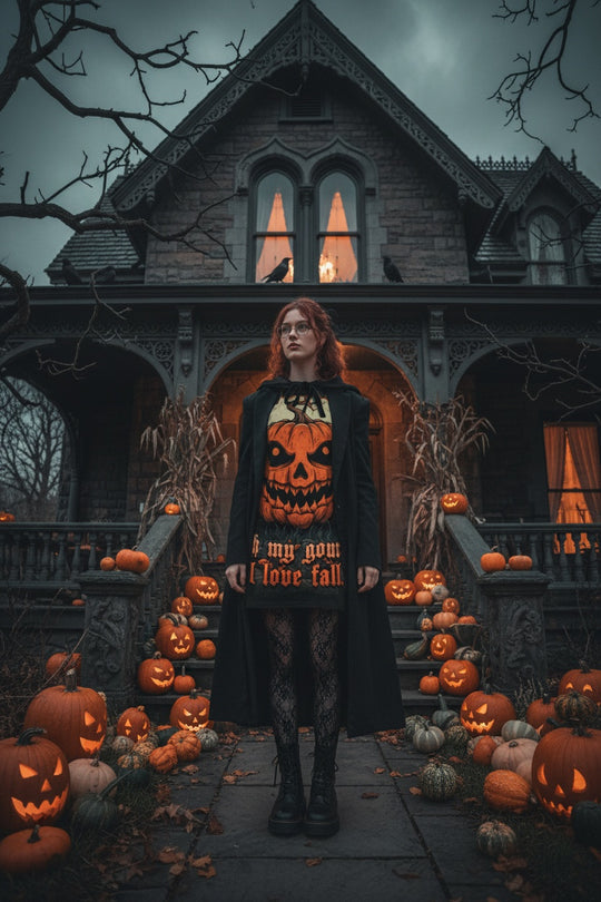 Woman in front of a spooky house with pumpkins on Halloween