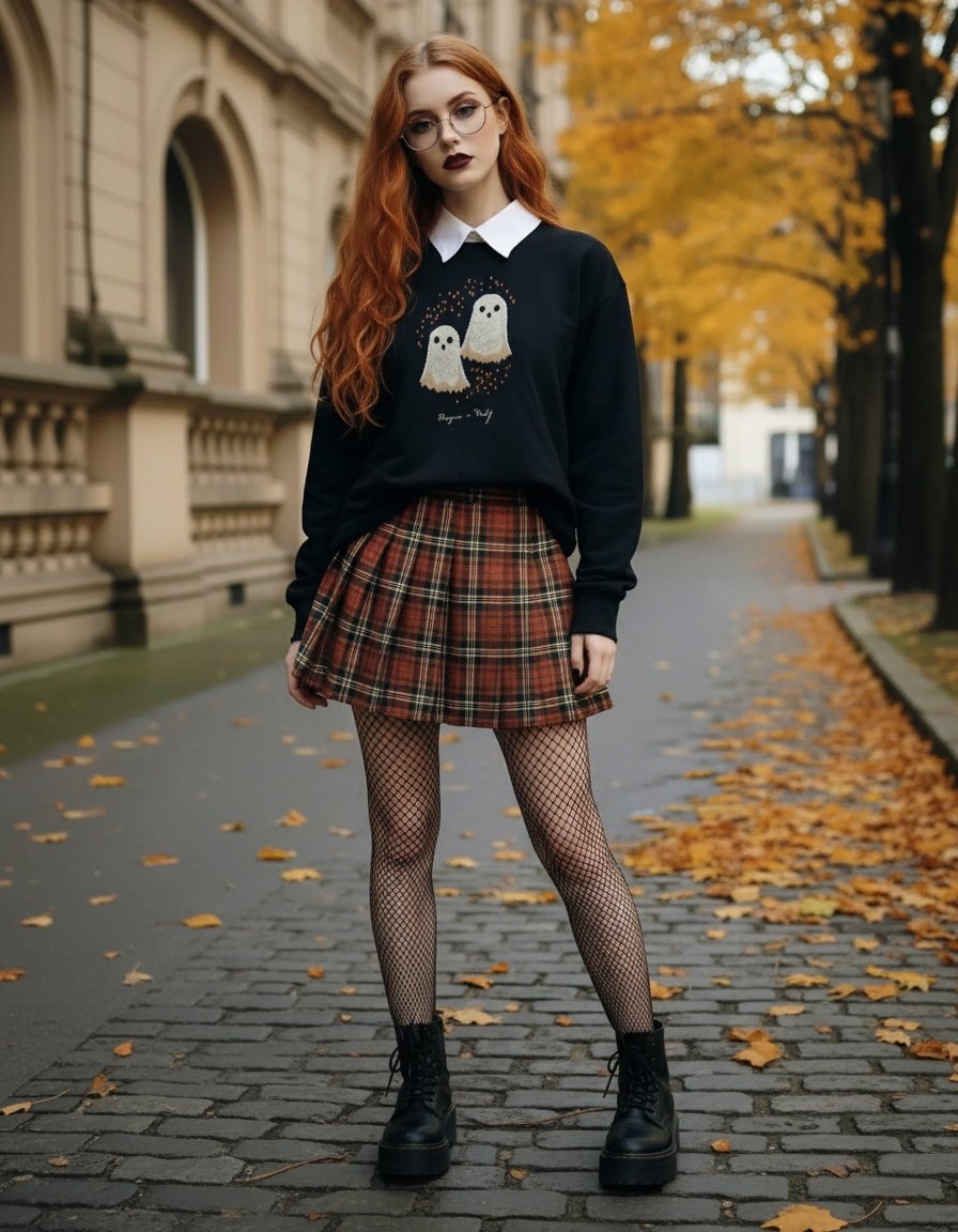 Woman in a black sweater with ghost design, plaid skirt, and fishnet stockings standing on a leaf-covered street.