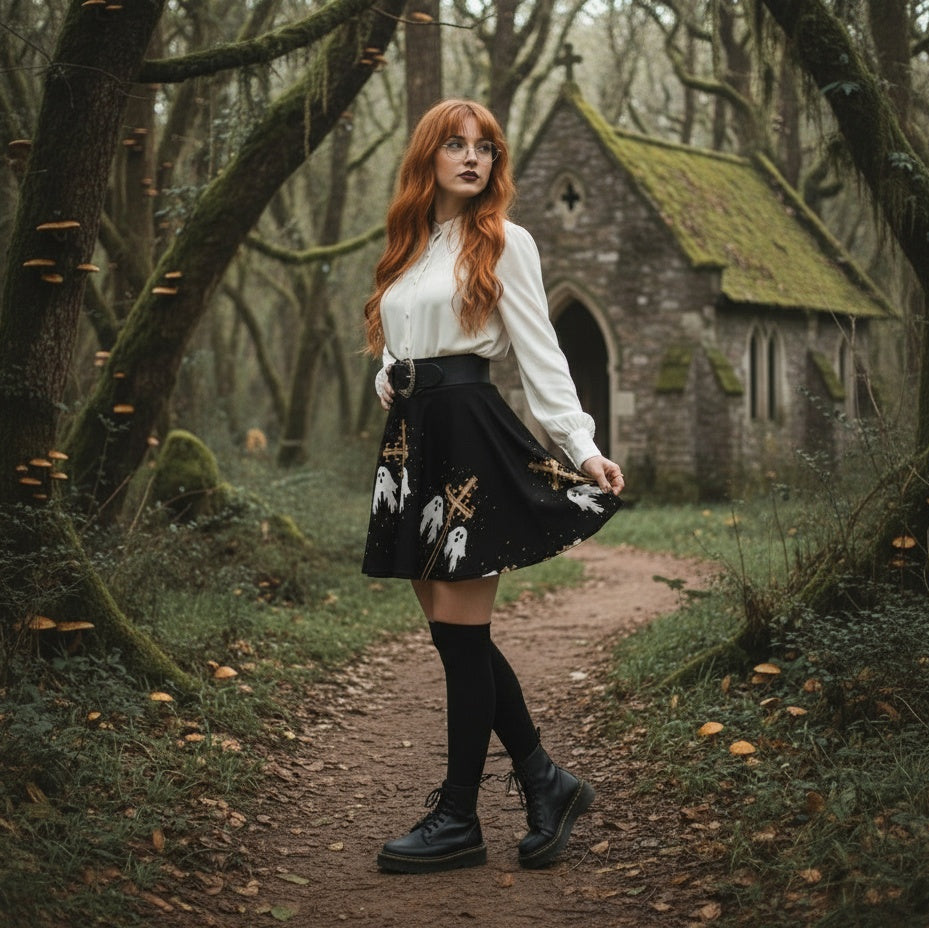 Woman with red hair standing in a forest path near a small church.