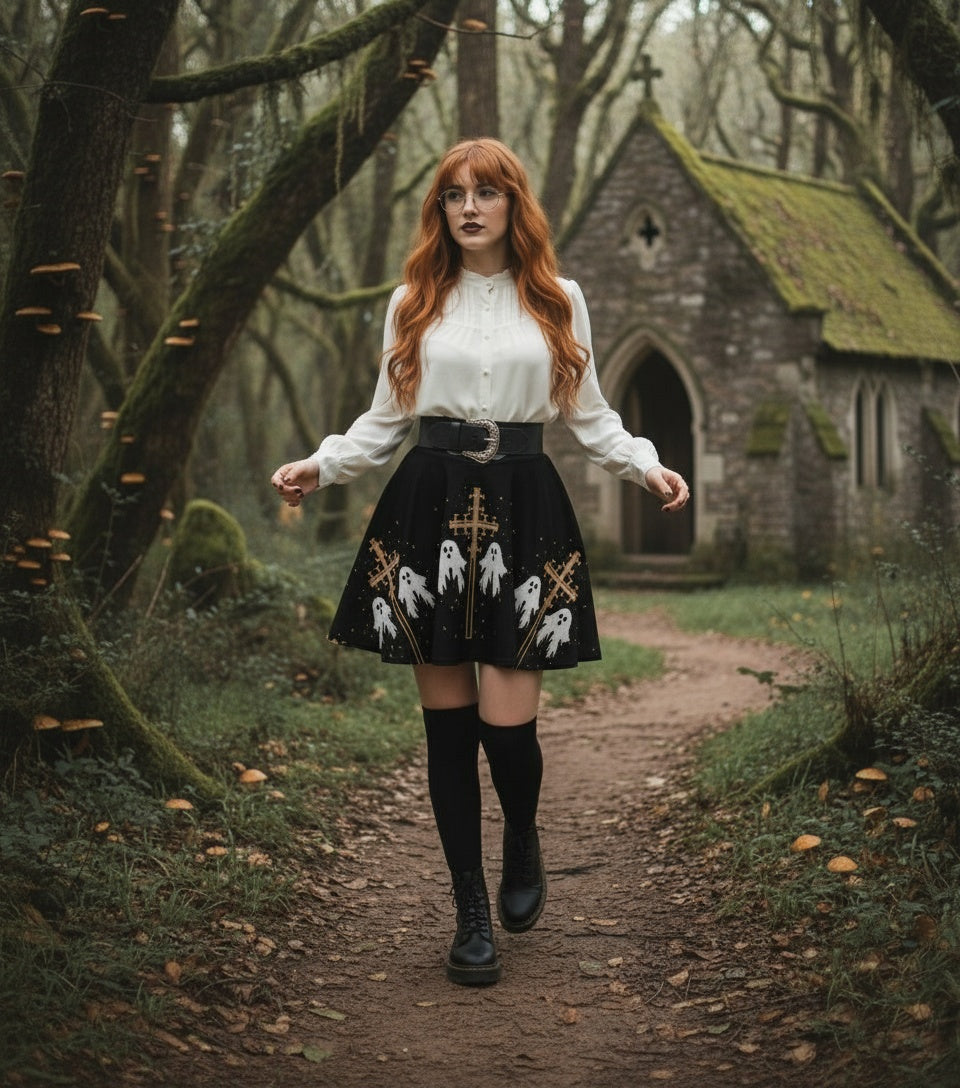 Woman with red hair standing on a path in a forest with a small building in the background
