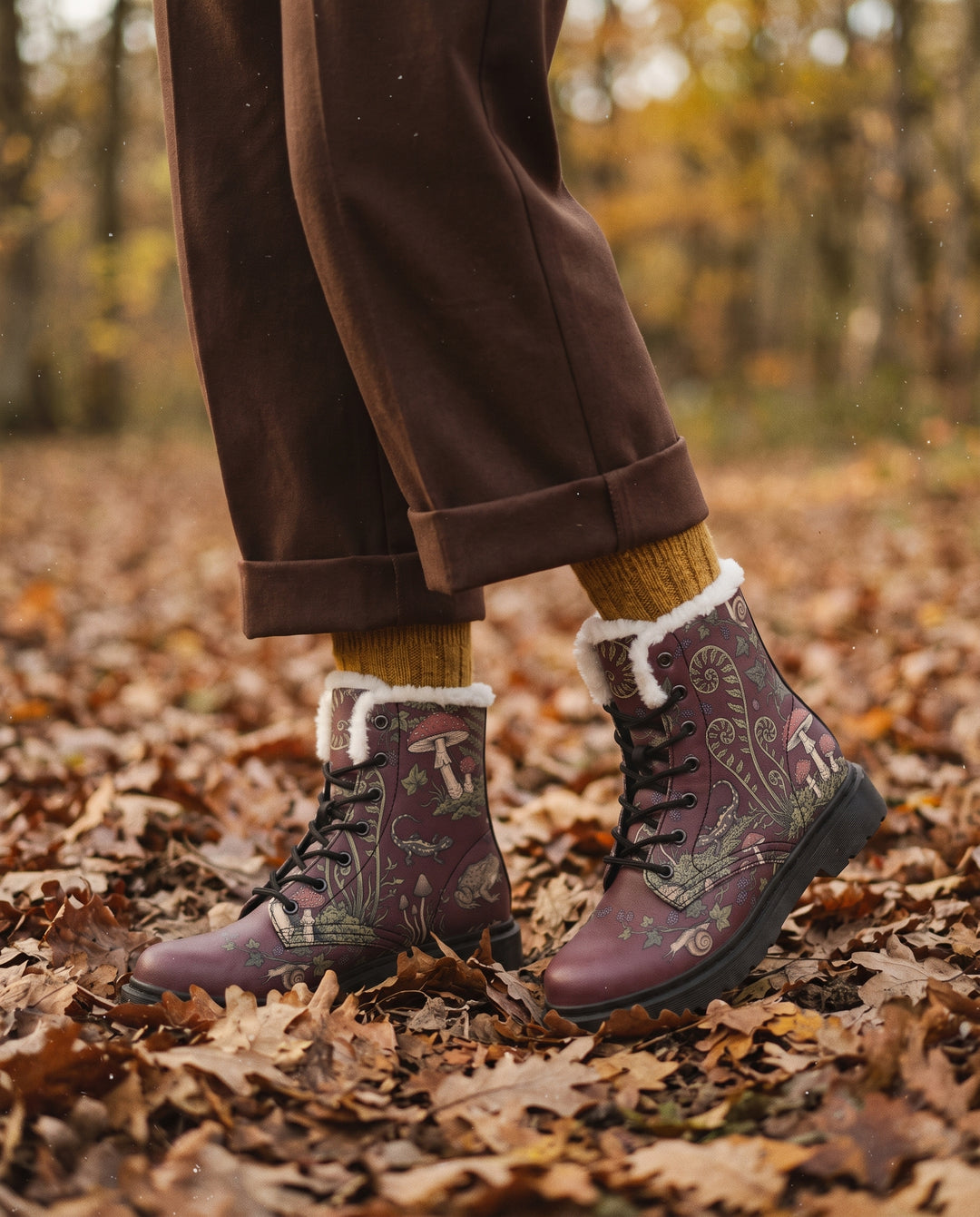 Fern Frenzy Winter Boots worn, walking through autumn woodland
