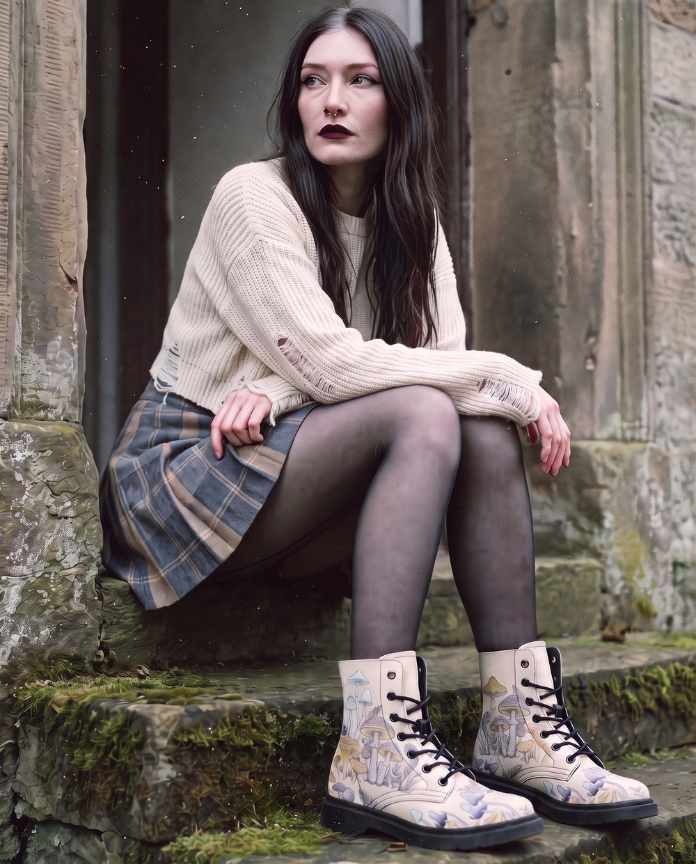 Model seated on stone steps wearing Witching Spores Boots