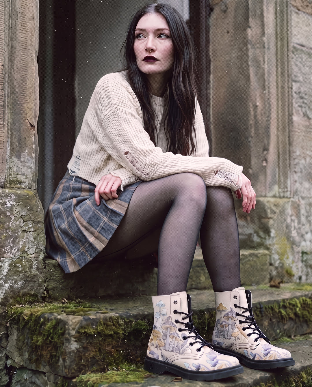 Model seated on stone steps wearing Witching Spores Boots