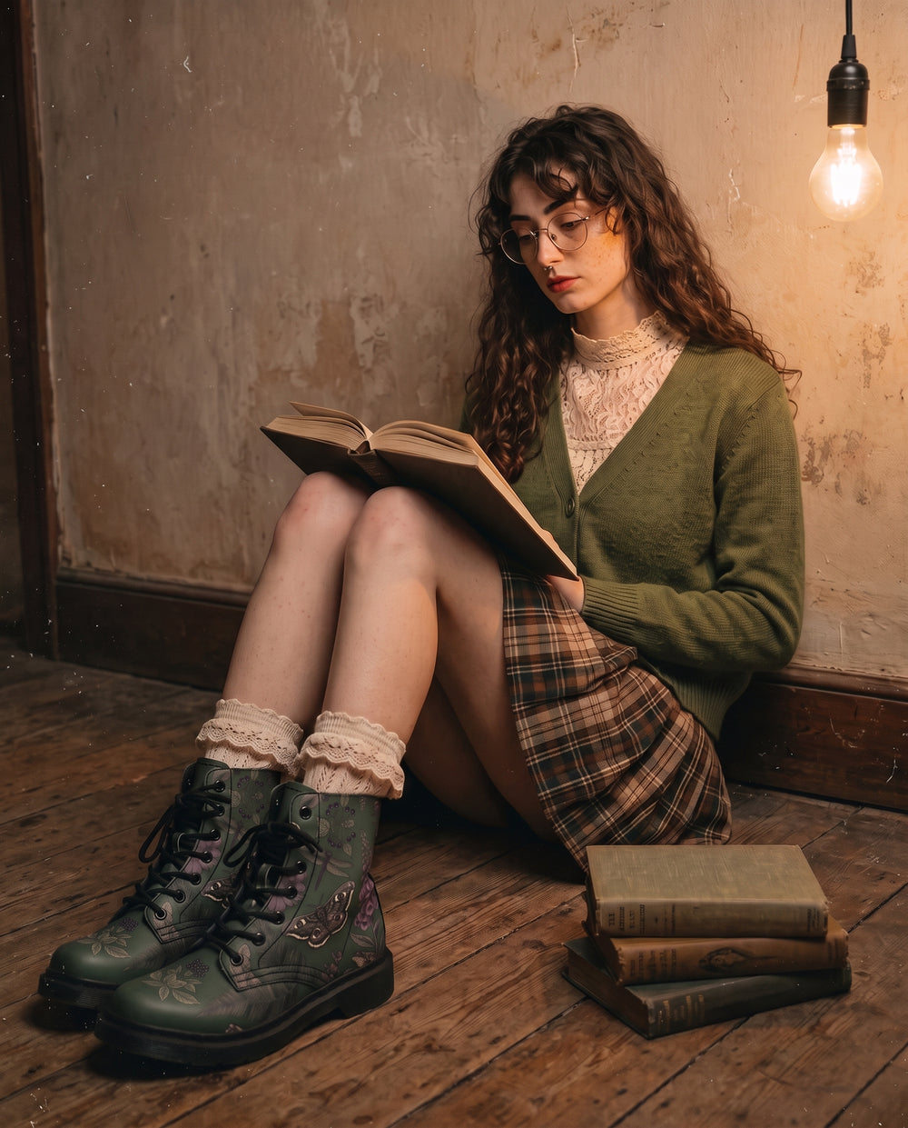 Model reading in a studio wearing Gossamer Wings Boots