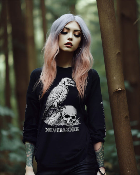 Nevermore Long Sleeve Tee - Alt Goth Long Sleeve Top for Dark Academia Witchy Vegan Unisex Outfit Occult Halloween Gift