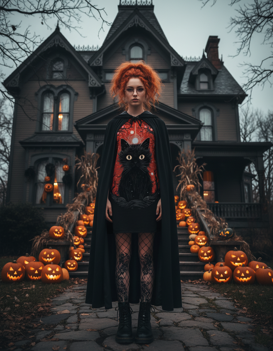 Person with red hair in a black cloak with a cat design, standing in front of a Halloween-themed house with pumpkins.
