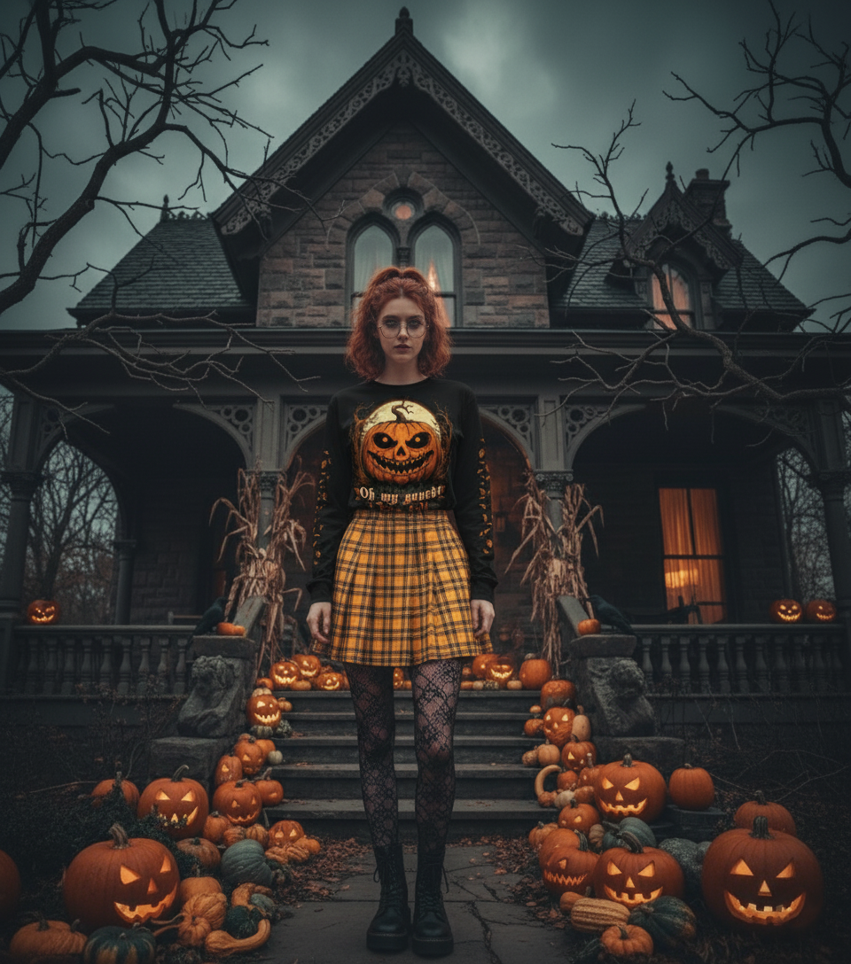 Woman in front of a spooky house with pumpkins, wearing a Halloween-themed shirt.