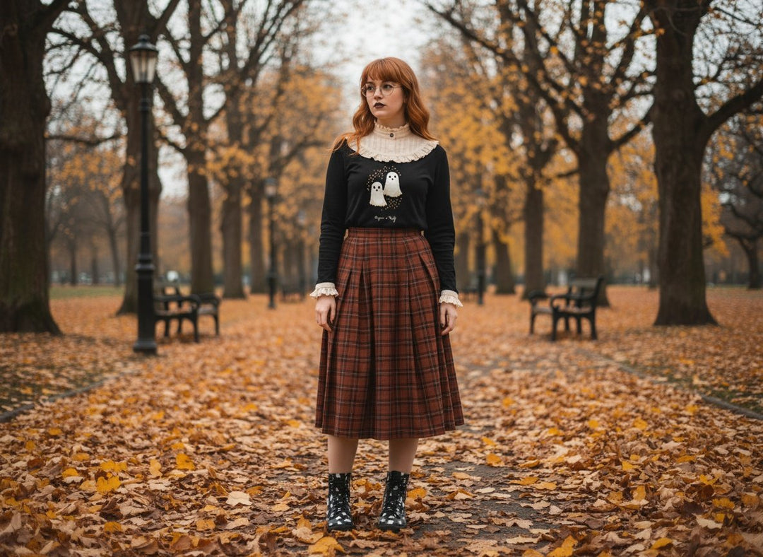Woman in a black top with ghost design and plaid skirt standing in an autumn park.