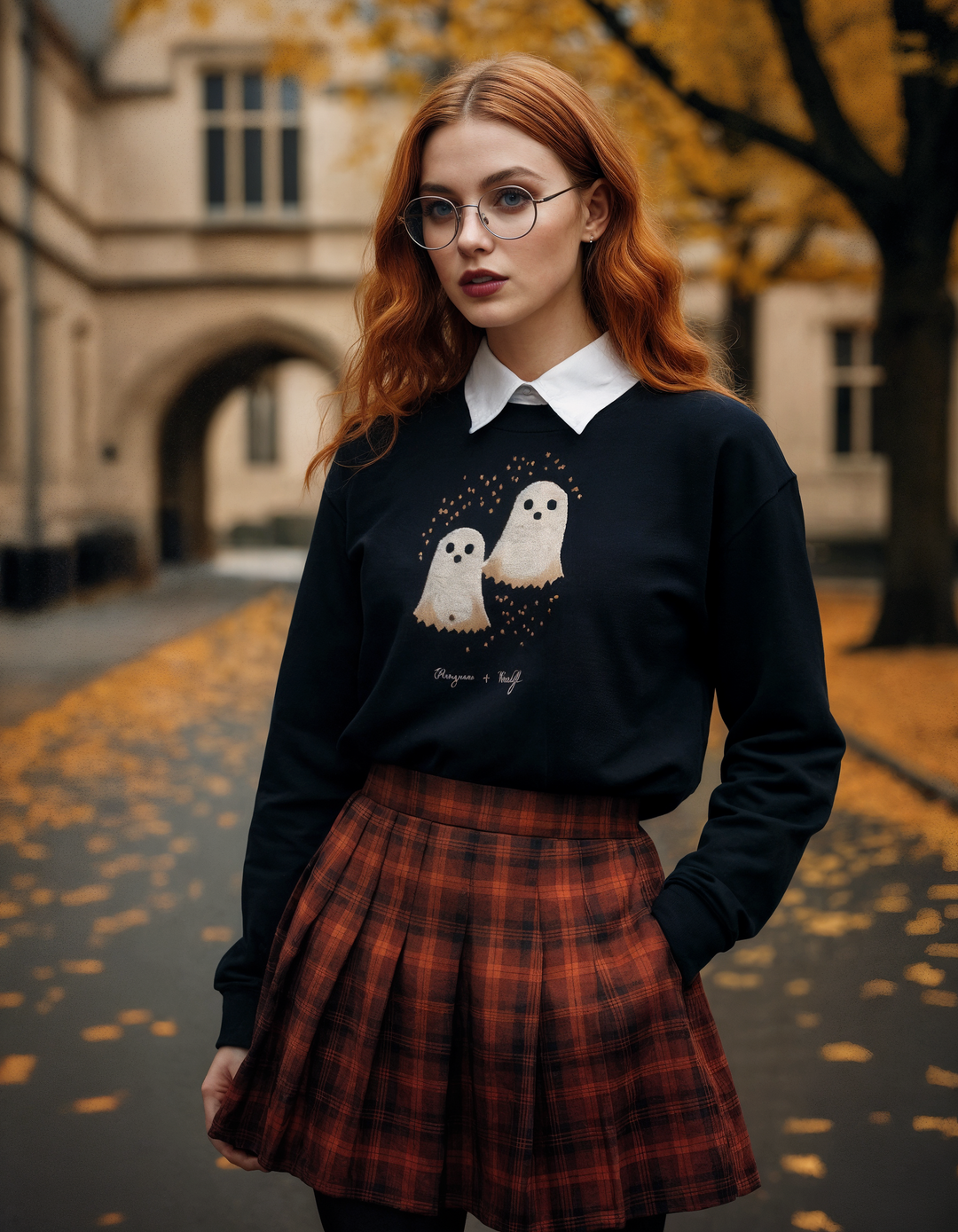 Woman wearing a black sweater with ghost design and red plaid skirt in an autumn setting.