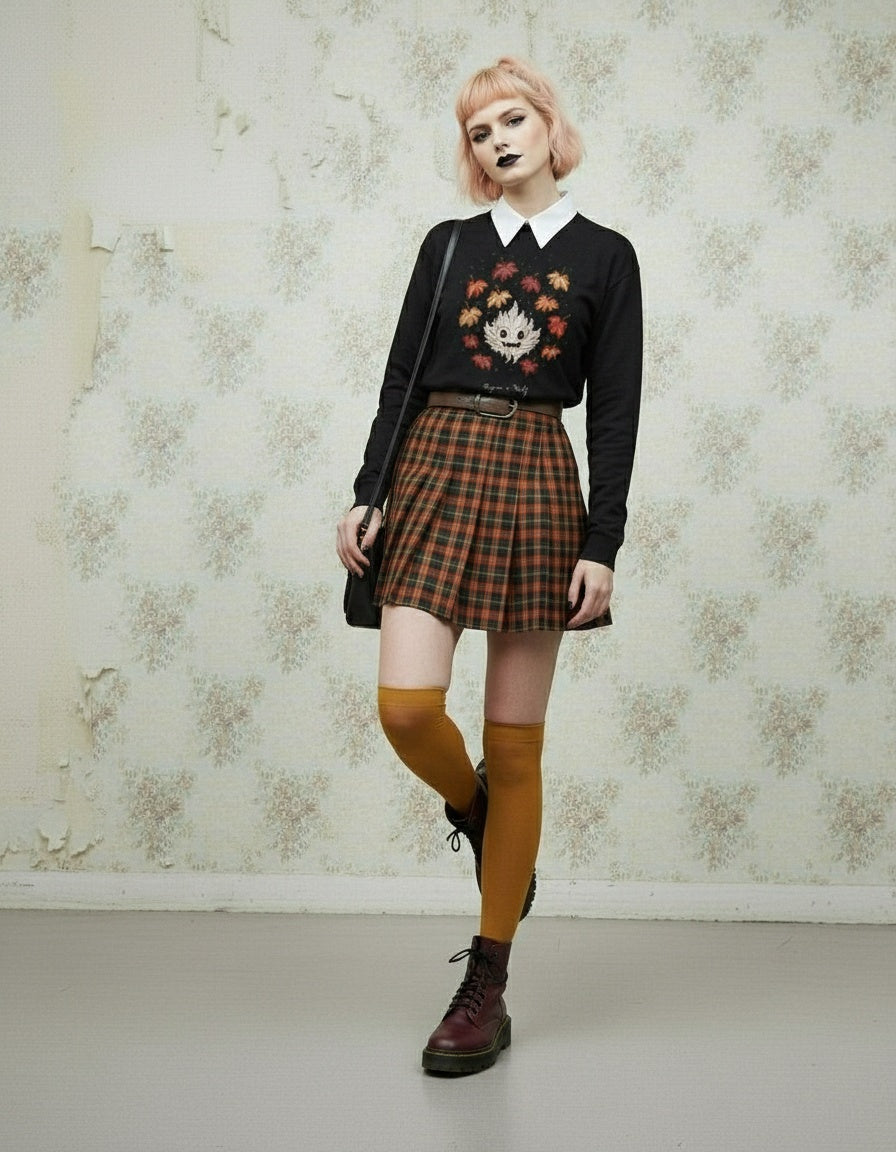 Person wearing a black sweater with floral design, plaid skirt, and yellow knee-high socks against a patterned wall.