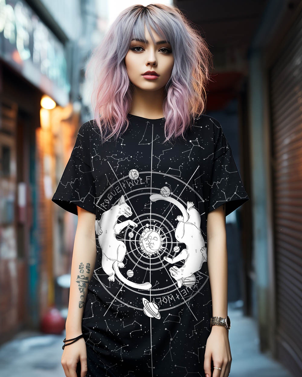 Purr Nebula Tee Dress - Vegan Oversized T-shirt Witchy Alt Style Occult Grunge Aesthetic Unisex Goth Black Dress