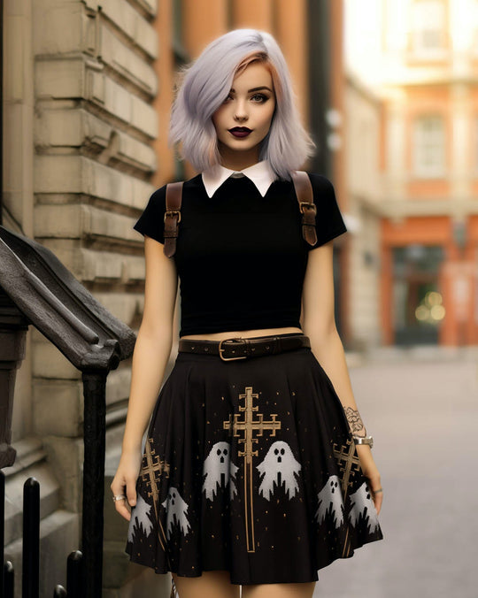 Holy Spirits Skater Skirt - Dark Academia Witchy Vegan Skirt with spooky ghosts & UPF 50+ Protection from 98% harmful rays