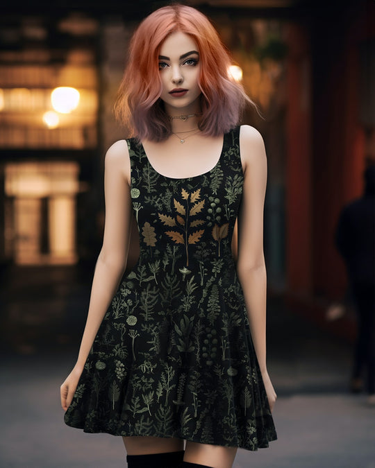 Autumn Memoir Skater Dress - Dark Academia Cute Black Vegan Dress, Witchy Pagan Occult Fashion, Christmas Goth Gifts