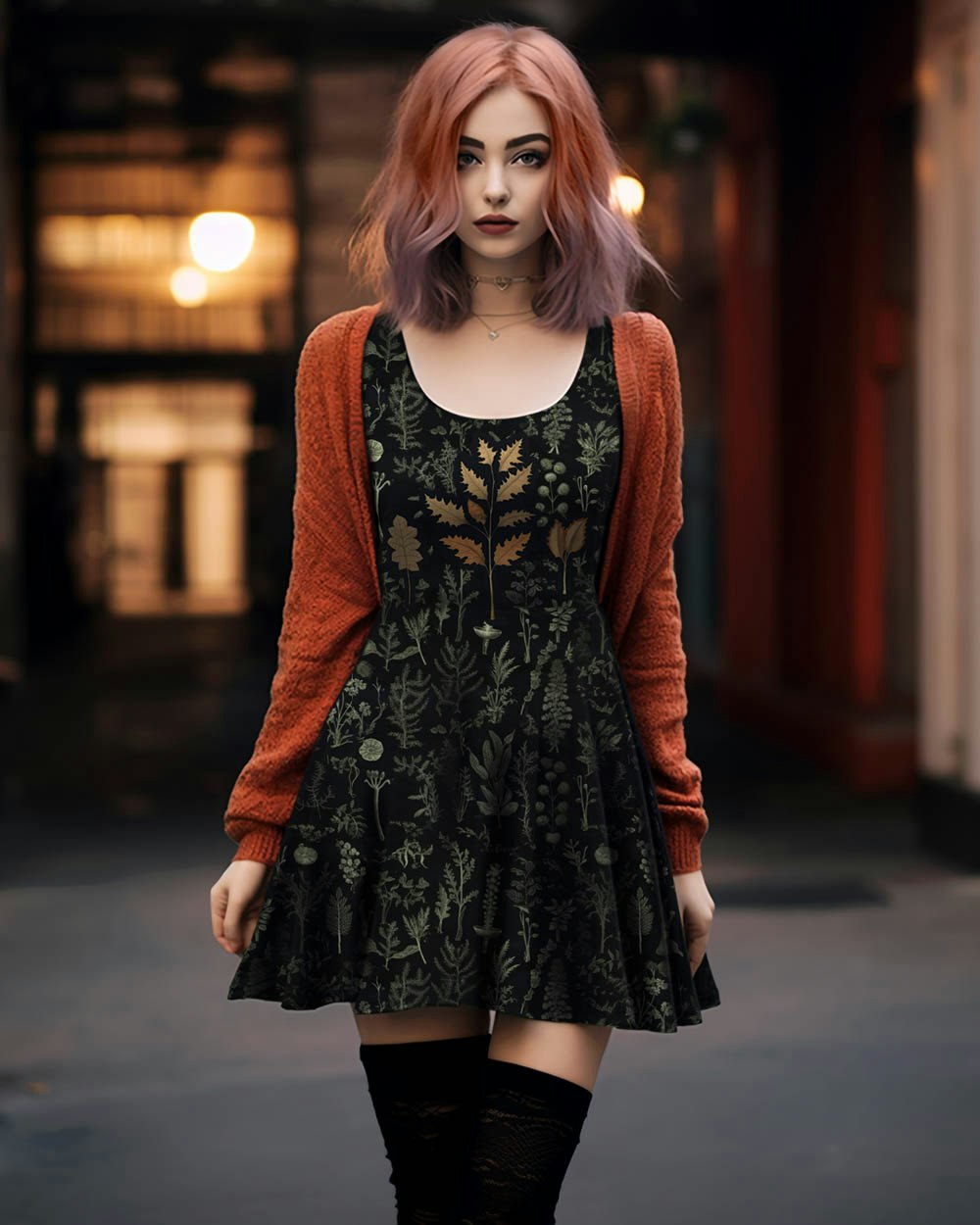 Autumn Memoir Skater Dress - Dark Academia Cute Black Vegan Dress, Witchy Pagan Occult Fashion, Christmas Goth Gifts