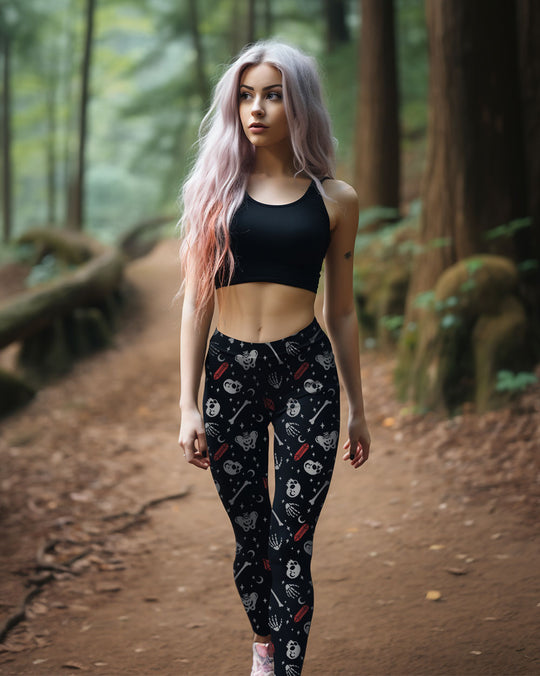 Skulls & Crystals Yoga Leggings  - UPF 50+ Protection from 98% of harmful rays - Vegan Witchy Dark Academia Gothic Clothing - Alternative Occult Ethical Fashion - On Demand Eco-friendly Sustainable Product