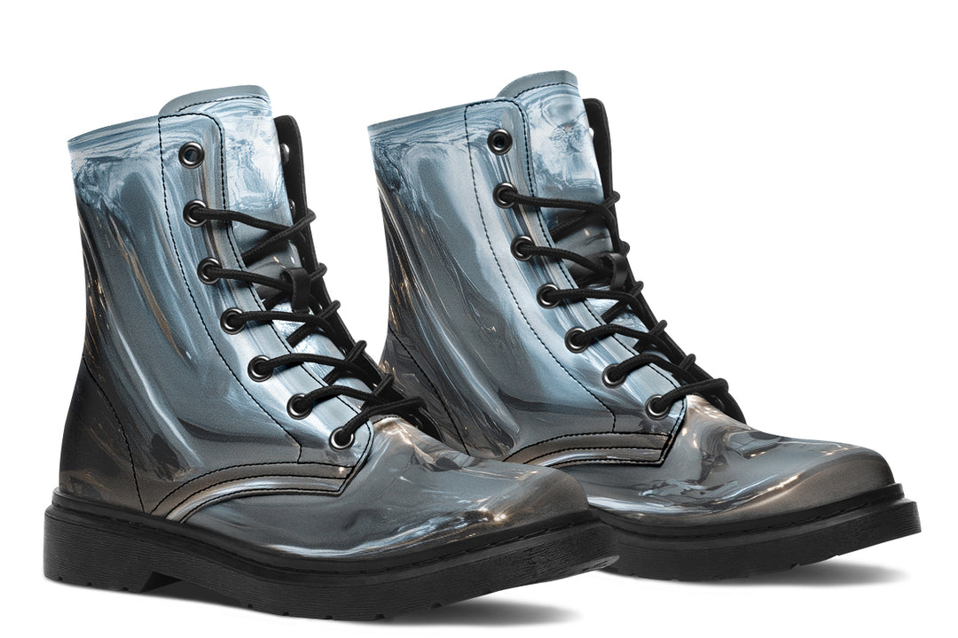 Aged Chrome Boots - Vegan Leather Doc-Style Boots with Durable Stitched on Soles