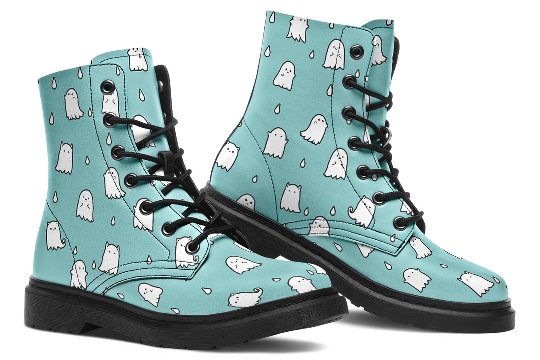 Aqua Ghost Party Boots - Vegan Leather Doc-Style Boots with Durable Stitched on Soles