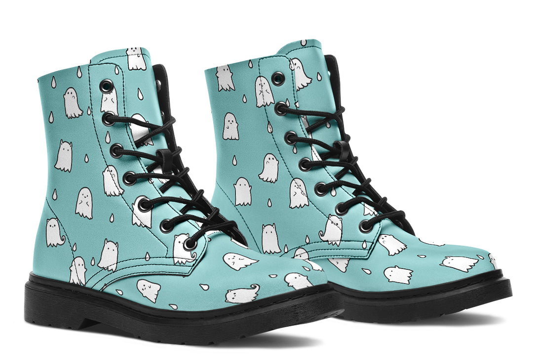 Aqua Ghost Party Boots - Vegan Leather Doc-Style Boots with Durable Stitched on Soles